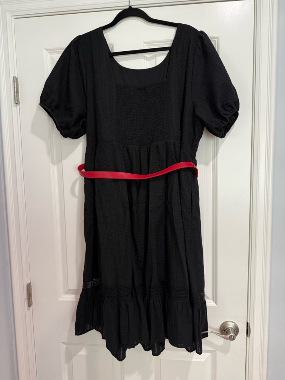 Disney Black Puff Sleeve Midi Dress with Red Belt